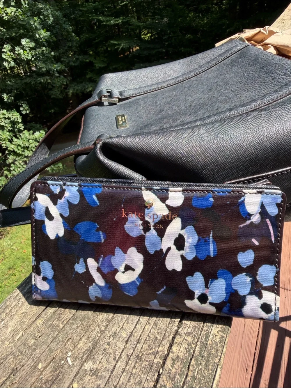 kate spade Black Saffiano Dome Satchel with kate spade Blue Floral Wallet